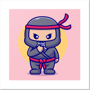 Cute Ninja With Shuriken Cartoon Posters and Art